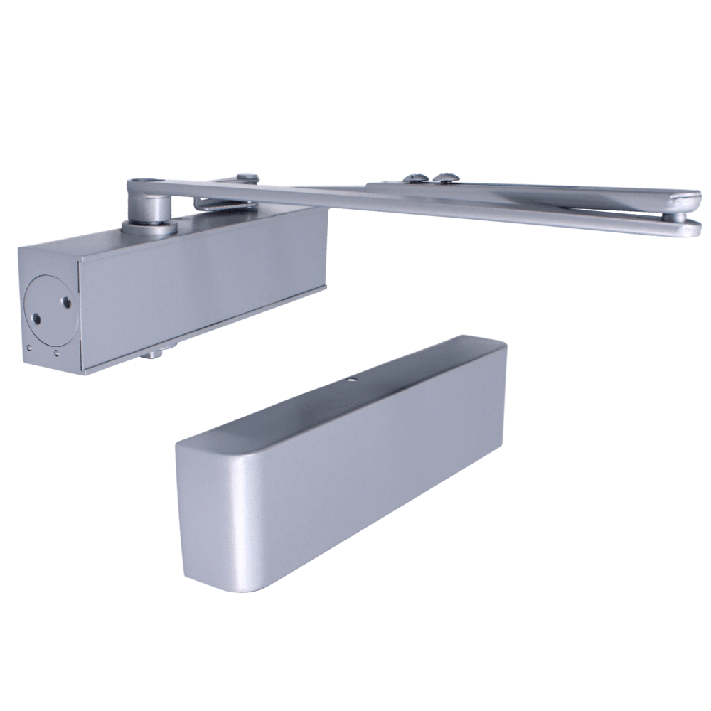 AS12697_1 - Ironmongery Warehouse Metal door closer with wall-mounted housing and arm, used to automatically close a door to prevent slamming.