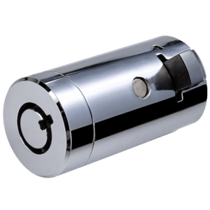 Chrome door lock cylinder with thumb-turn on the side for a deadbolt or knob entry.