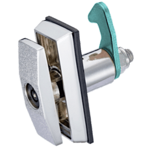 Cam lock with teal lever and metal latch for securing a cabinet or door