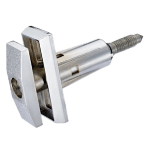 Chrome door latch bolt with rectangular strike plate and threaded spindle, shown at an angled view.