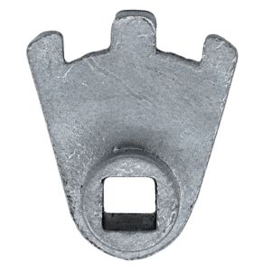 Metal bottle opener head with a crown-like top and a square opening at the bottom, used to remove crown caps.