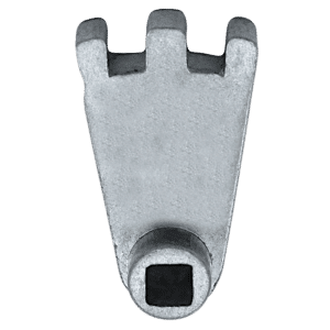 Metal lever with a three-prong fork at one end and a square recessed opening at the other end