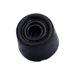 Top view of a black rubber grommet with a hollow center, showing concentric rings around a central opening