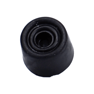 Top view of a black rubber grommet with a hollow center, showing concentric rings around a central opening