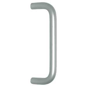 Vertical curved metal grab handle with rounded ends against a black background, isolated as a hardware component.