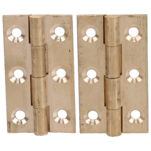 Two brass door hinges placed side by side on a white background, showing multiple screw holes and central hinge pins.