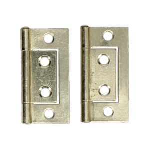 Pair of brass door hinges viewed head-on, each with three screw holes and a pivot pin in the center