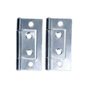 Two metallic door hinges placed side by side on a light background, showing their circular pin holes and screws in a chrome finish.