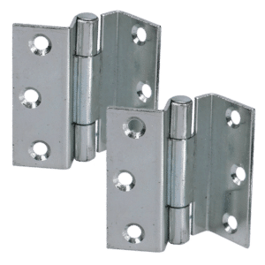 Pair of zinc-plated metal door hinges with three screw holes each; used to attach doors to frames.
