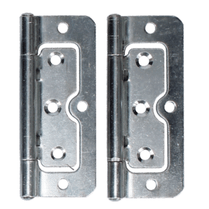 Two metal door hinges side by side, polished steel with screw holes and pin barrels visible.