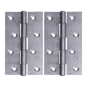 Pair of metal door hinges with multiple screw holes on a white background, shown side by side.