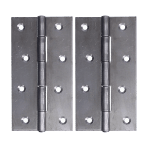 Pair of metal door hinges with multiple screw holes, shown side by side