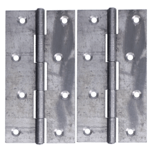 Two metal door hinges (knuckle hinges) laid flat side by side, showing multiple screw holes and pin barrels.