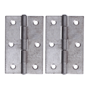 Pair of metal door hinges side by side with multiple screw holes and pins in the center area, silver finish.