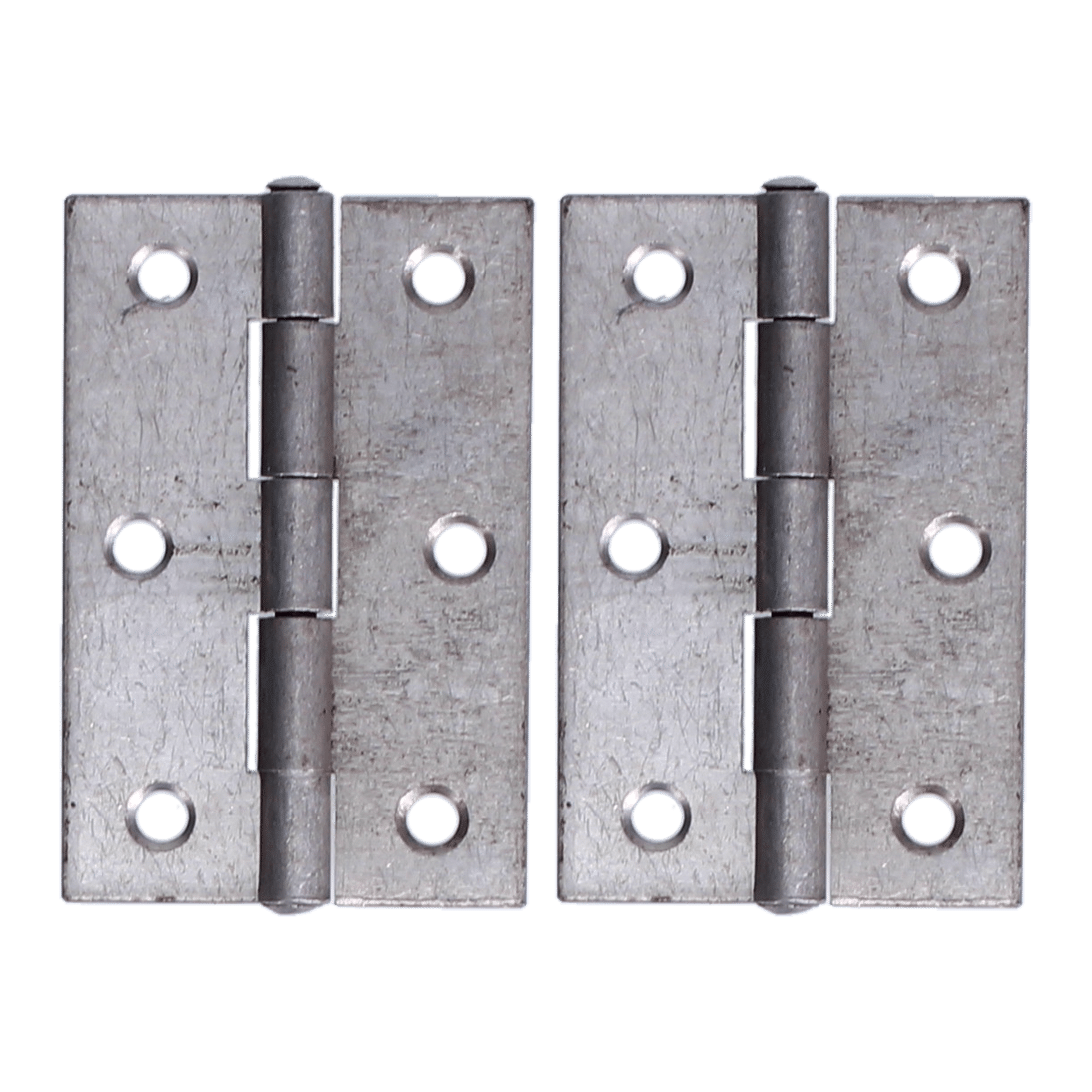AS12716_1 - Ironmongery Warehouse Pair of metal door hinges side by side with multiple screw holes and pins in the center area, silver finish.