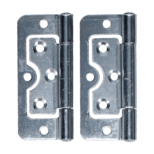 Pair of silver metal door hinges placed side by side
