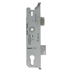 Side view of a metal mortise lock body with keyhole at the bottom and visible latch bolt on the right side