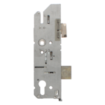 Metal door lock mechanism with latch bolt and cutouts on a flat steel plate