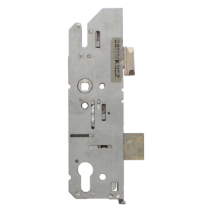 Metal door lock mechanism with latch bolt and cutouts on a flat steel plate