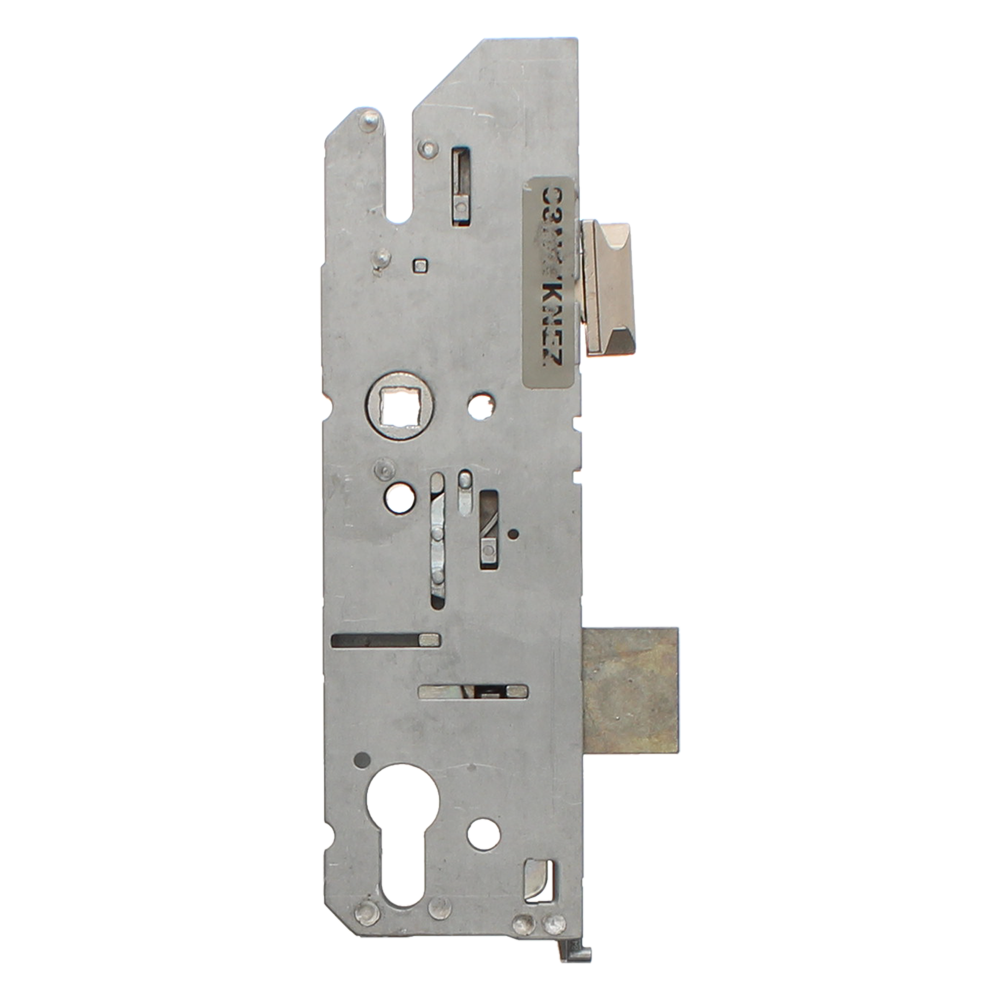 L37928_1 - Ironmongery Warehouse Metal door lock mechanism with latch bolt and cutouts on a flat steel plate