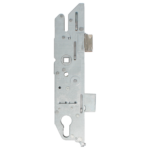 Vertical metal mortise lock body with bolt and keyhole cutout, used in doors for secure latching