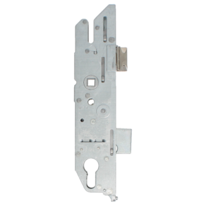 Vertical metal mortise lock body with bolt and keyhole cutout, used in doors for secure latching