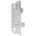 Vertical view of a metal mortise lock body with latch bolt on the right and circular holes for knobs or screws.