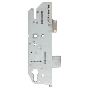 Vertical view of a metal mortise lock body with latch bolt on the right and circular holes for knobs or screws.