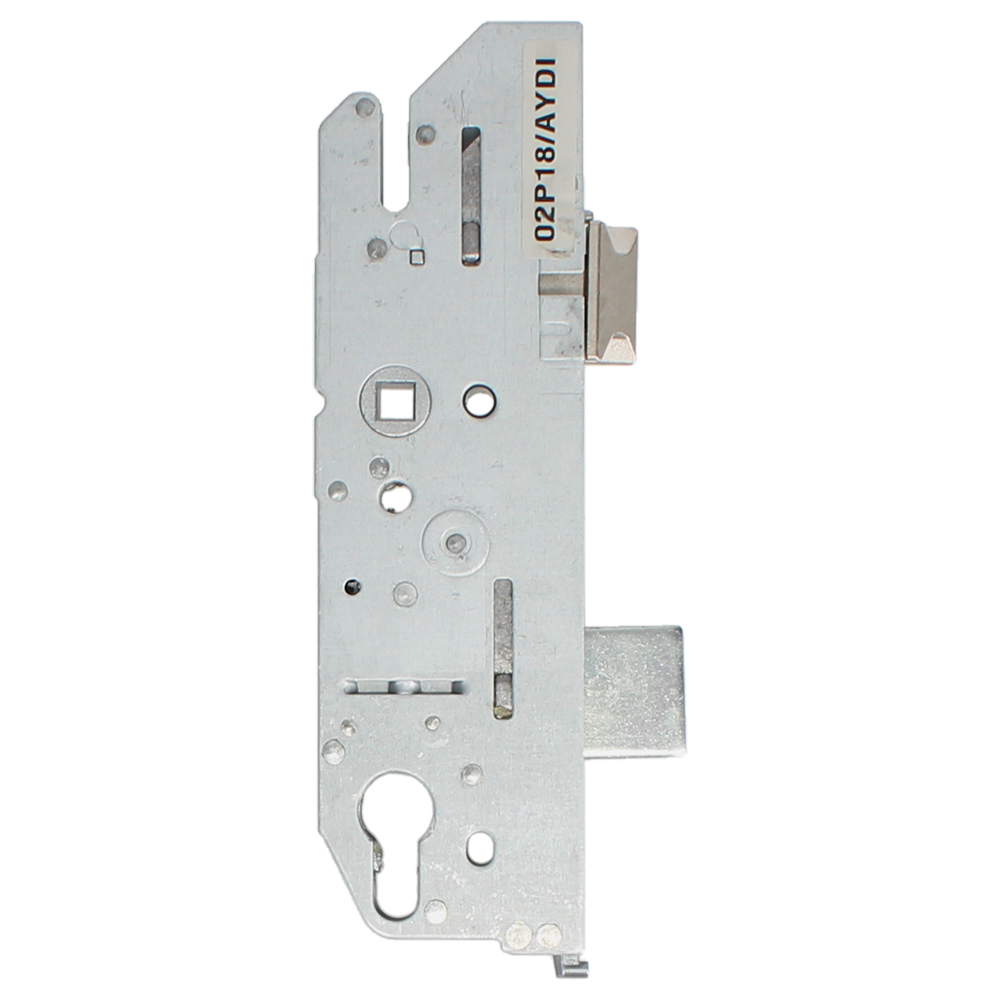 L37932_1 - Ironmongery Warehouse Vertical view of a metal mortise lock body with latch bolt on the right and circular holes for knobs or screws.