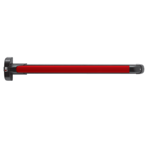 Long red baton-shaped handheld tool with black end caps, lying horizontally.