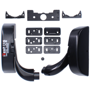 Car phone mount kit with two curved clamps, central mounting bracket, base holder, and multiple mounting plates.