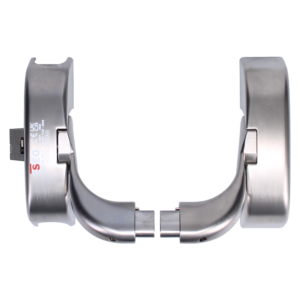 Silver door handle set with two curved levers facing each other and round mounting plates on both sides, brushed metal finish.