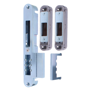Metal mortise door lock with strike plates and mounting screws; includes central lock body and two latch components