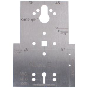 Metal key-cutting gauge template with multiple holes and alignment marks (Quick & Exact) for precise cuts and measurements.