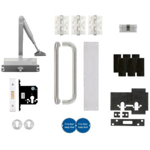 Assorted metal door hardware kit on black background, including door closer, hinges, handle, latch, strike plates, and fire‑door signs.