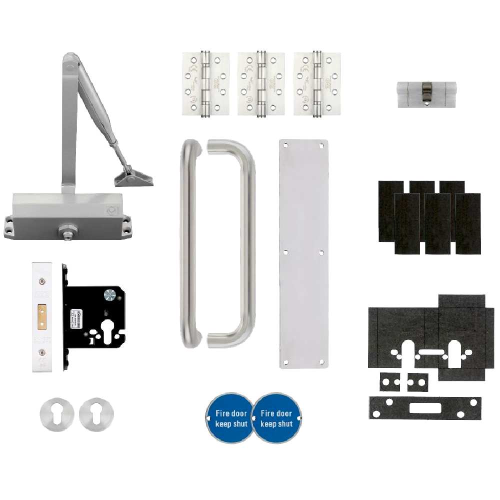 L38361_1 - Ironmongery Warehouse Assorted metal door hardware kit on black background, including door closer, hinges, handle, latch, strike plates, and fire‑door signs.