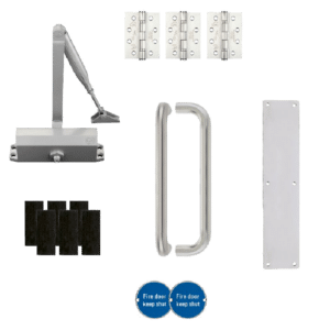 Fire door hardware kit including a door closer, handle, hinges, strike plate, spacers, mounting plate, and two blue 'Fire door keep shut' discs.
