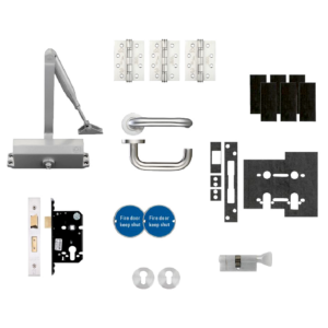 Collection of door hardware parts laid out: hinges, lever handle, latch/lock, strike plates, screws, door closer, and escutcheons for installation.