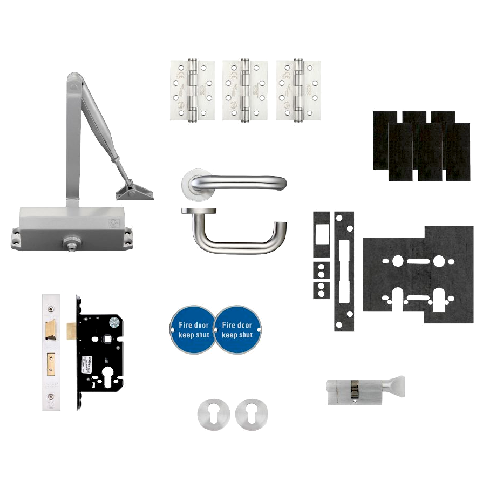 L38365_1 - Ironmongery Warehouse Collection of door hardware parts laid out: hinges, lever handle, latch/lock, strike plates, screws, door closer, and escutcheons for installation.