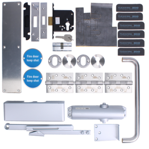 Full fire door hardware kit including hinges, locks, strike plates, a door closer, handle bar, and blue 'Fire door keep shut' signs laid out in a grid view of metal components.