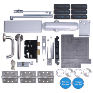 Complete door hardware kit with screws, handles, deadbolt, latch, hinges, closers, strike plates and key set for security/fire doors (metal components).