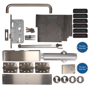 Assorted door hardware kit including lock case, latch, hinges, strike plates, cylinders, keys, and fire-door keep shut labels.