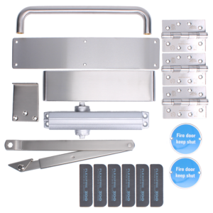 Assortment of stainless steel fire door hardware: hinges, latch, strike plates, door closer, and keep‑shut signs.