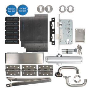 Full door hardware kit showing lock body, strike plates, handles, hinges, tubular latch, cylinders, keys, screws, and mounting plates arranged on a white background.