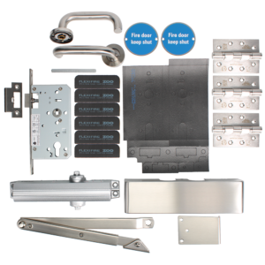 Collection of stainless steel door hardware parts laid out: lock mechanism, strike plates, hinges, bolts, door closer, and fire door signs.