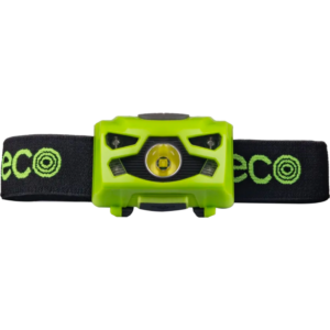 Bright green headlamp with an adjustable black strap featuring neon-green graphics, shown face-on.