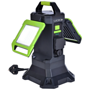 Portable LED work light with green frame on a molded base, folded handle on top for transport
