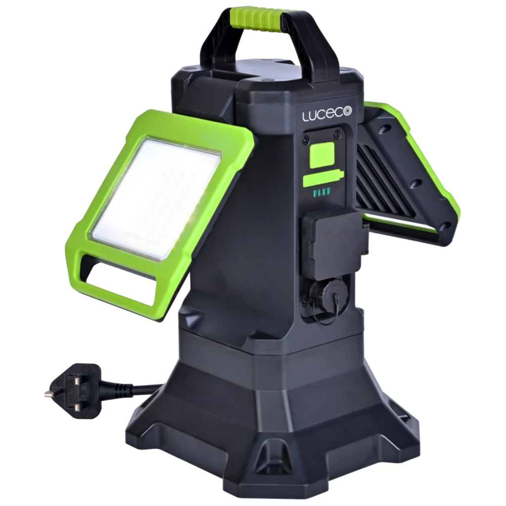 L38377_1 - Ironmongery Warehouse Portable LED work light with green frame on a molded base, folded handle on top for transport