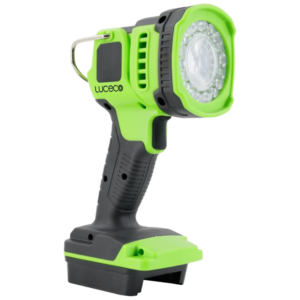 Cordless rechargeable LED work light with bright green-and-black body and attached hook, flashlight-style head.