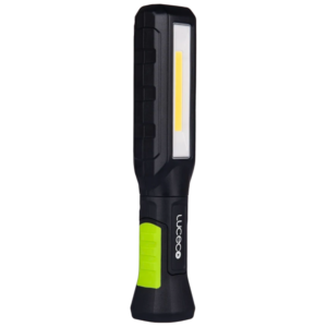 Black handheld LED work light with a textured grip and lime-green accent, standing upright; Luceco branding visible on the handle.